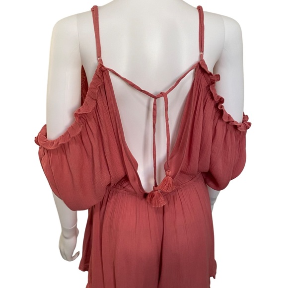 NWOT Topshop Rust Pink Coral Ruffle Hem Tie Back Cold Shoulder Slouchy Sleeve - Picture 10 of 12